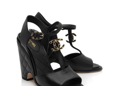 Chanel Quilted Leather CC T-Strap Wedge Sandals - Size 10   40 (exqcVO) Sale